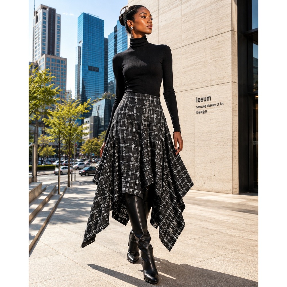 Kindersalmon Plaid Skirt Women 26 Black Asymmetrical Handkerchief Hem